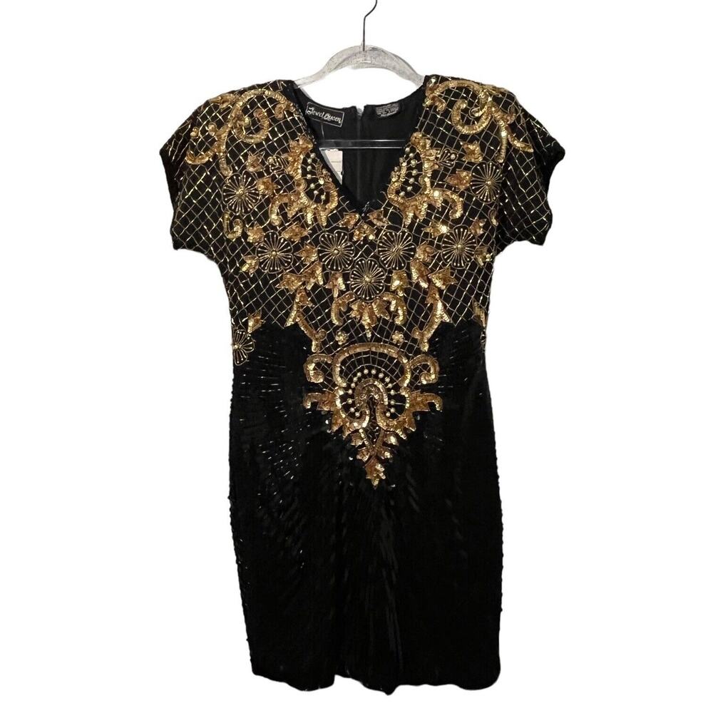 Jewel Queen Sequin Dress Women Size M Gold Black Hollywood Regency Mob Wife 80s